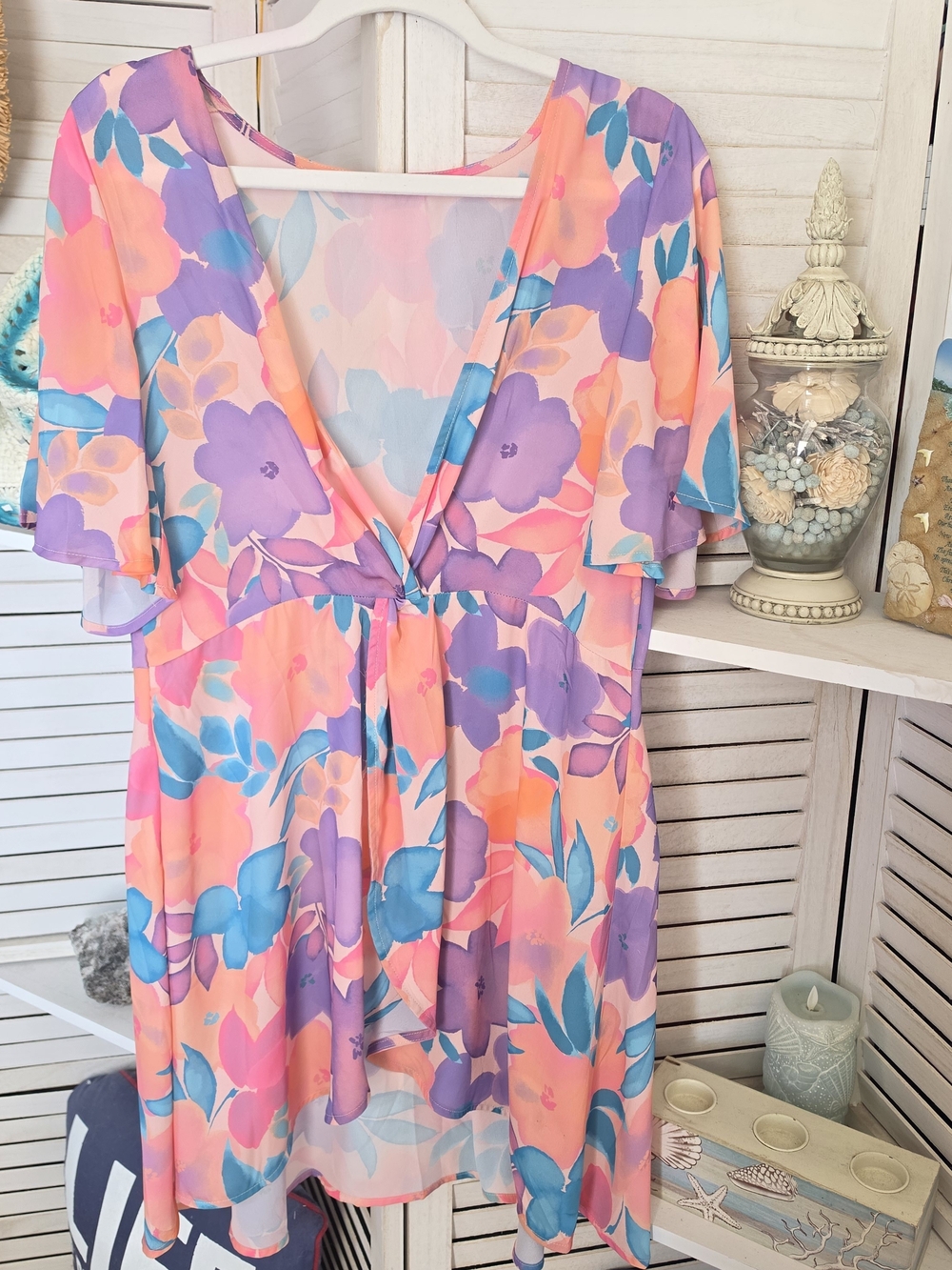 Cupshe Pink, Purple & Blue Floral V-Neck Tunic Dress | Cupshe Beach Cover SZ L